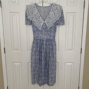 Vintage 80s Jessica McClintock Gunne Sax Size 9 Floral Lace Cottagecore Dress